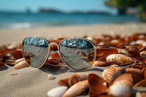 Sommer- das Wesentliche Sonnenbrille und Muschel ruhen auf Sand ai generiert foto