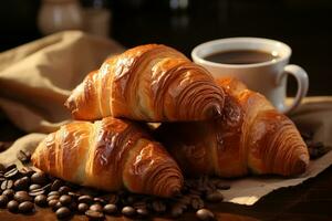 Kaffee Liebhaber Traum Croissants, Kaffee, und Bohnen auf Kunst Papier ai generiert foto