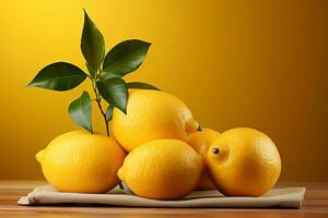 minimalistisch Freude Orangen und Zitrone auf Pastell- Gelb, ein fruchtig Konzept ai generiert foto