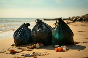 Taschen gefüllt mit Strand gesammelt Plastik und Abfall ai generiert foto