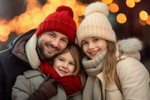 Familie von drei Weihnachten Szene hell gemütlich Leben. generieren ai foto