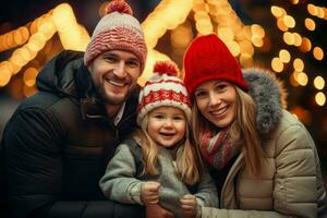 Familie von drei Weihnachten Szene hell Hintergrund. generieren ai foto