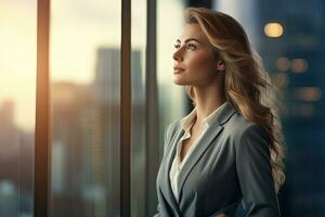 Frau im grau Anzug, Stehen im Vorderseite von Fenster mit Stadtbild. ai generiert foto