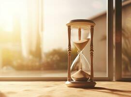 Leben Zeit Vorbeigehen Konzept. Sanduhr mit Sonne Licht Hintergrund. ai generiert foto