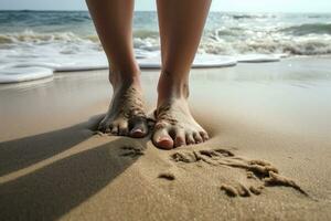 Füße auf das Strand. Entspannung, Urlaub, und Romantik Konzept. ai generiert foto