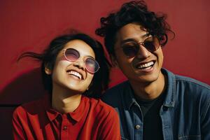 glücklich jung asiatisch Paar im Sonnenbrille auf rot Hintergrund. ai generiert foto