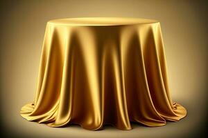 Tischdecke gemacht von elegant Gold Seide. Handel Show Anzeige. Hintergrund Design Komponente. Illustration. generativ ai foto