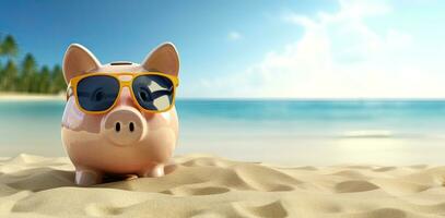 Sommer- Schweinchen Bank mit Sonnenbrille auf das Strand. Ersparnisse zum Urlaub. ai generiert foto