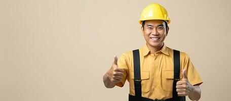 asiatisch männlich Konstruktion Arbeiter mit Sicherheit Helm und Daumen oben auf Beige Hintergrund. ai generiert foto