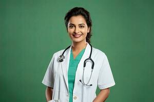 ein indisch jung weiblich Arzt isoliert auf grün. ai generiert foto