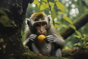 schließen oben von Affe Essen Obst im das Dschungel. generativ ai foto
