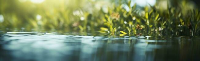 verschwommen Bild von natürlich Hintergrund von Wasser und Pflanzen. generativ ai foto