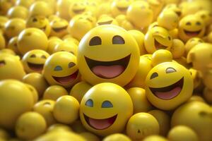 glücklich und Lachen Emoticons 3d Rendern Hintergrund, Sozial Medien und Kommunikation Konzept. ai generativ foto