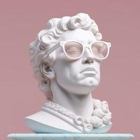 das Kopf von ein Weiß mythologisch Statue mit modisch Rosa Brille auf seine Augen, Rahmen im Profil. ai generativ foto