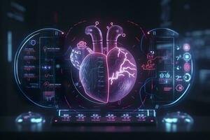 ein gui Hologramm von ein futuristisch Mensch Herz, holographisch Sci-Fi Schnittstelle, Daten Linien, Waage, und Diagramme, filmisch, ai generativ foto
