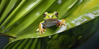 pummelig Frosch auf Blätter, Frosch, Amphibie, Reptil. generativ ai foto