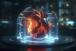 ein gui Hologramm von ein futuristisch Mensch Herz, holographisch Sci-Fi Schnittstelle, Daten Linien, Waage, und Diagramme, filmisch, ai generativ foto
