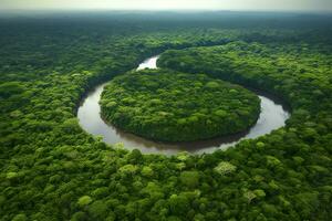 Antenne Aussicht von das Amazonas Urwald Landschaft mit Fluss biegen. generativ ai foto