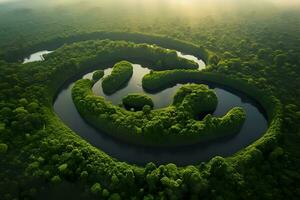 Antenne Aussicht von das Amazonas Urwald Landschaft mit Fluss biegen. generativ ai foto