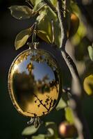 schließen hoch, Foto von ein Spiegel Apfel hängend im ein Apfel Baum, ai generativ