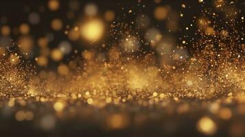 abstrakt Luxus Gold Hintergrund mit Gold Partikel. funkeln Jahrgang Beleuchtung Hintergrund. Weihnachten golden Licht scheinen Partikel Bokeh auf dunkel Hintergrund. Gold vereiteln Textur. Urlaub. ai generativ foto