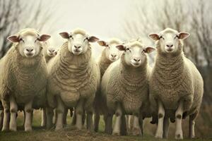 ein Gruppe von Schaf Stehen draußen. generativ ai foto