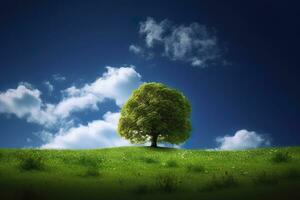 Grün Feld und Baum auf Blau Himmel. ai generativ foto