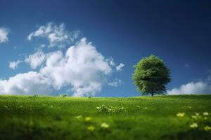 Grün Feld und Baum auf Blau Himmel. ai generativ foto