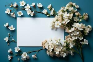 Hochzeit Attrappe, Lehrmodell, Simulation mit Weiß Papier aufführen und Blumen Gypsophila auf Blau Tabelle von über schön Blumen- Muster eben legen ai generiert foto