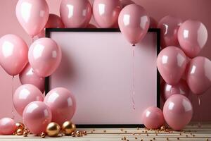 rahmen, Luftballons, Konfetti, Geburtstag eben legen auf Rosa Tabelle ai generiert foto