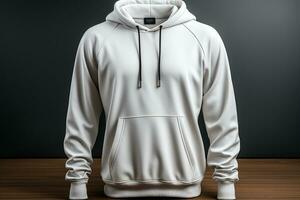 leer Weiß Kapuzenpullover Vorlage, 3D-gerendert lange Ärmel, Hoody Design ai generiert foto