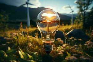 umweltfreundlich Beleuchtung, Solar- Panel und Wind Turbine energetisieren die Glühbirne auf Boden ai generiert foto