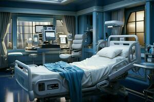 komfortabel Betten und medizinisch Ausrüstung im ein Krankenhaus Wiederherstellung Zimmer, neural Netzwerk optimiert ai generiert foto