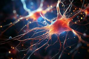 detailliert schließen oben bietet an Einblick in das Anatomie von ein Nerv Zelle ai generiert foto
