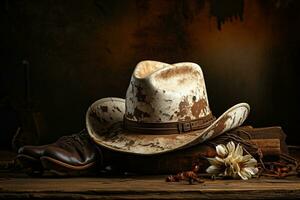 Weiß Rodeo Hut, Lasso, Stiefel auf betrübt Scheune Holz ai generiert foto