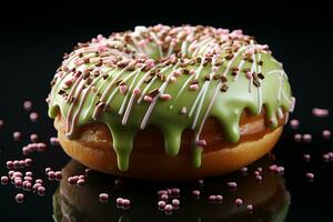 Süss Genuss oben Aussicht von ein glasiert Krapfen mit Sträusel auf Grün ai generiert foto