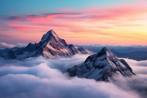 schön Antenne Schuss von Berge unter das schön Rosa und Blau Himmel foto