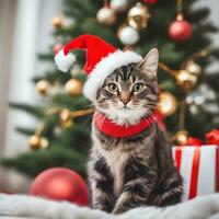 süß Kitty im ein rot Weihnachten Hut auf das Hintergrund von ein Weihnachten Baum mit Geschenke foto