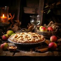 frisch gebacken Apfel Kuchen auf ein rustikal Tisch. generativ ai foto