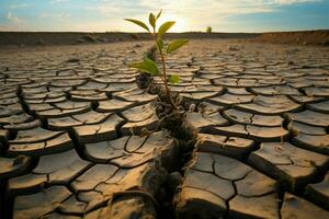 überleben das Trockenheit, ein Baum steht belastbar auf geknackt Boden ai generiert foto
