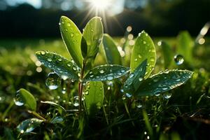 glänzend Morgen Tau, sonnengeküsst Gras, Naturen Schönheit ai generiert foto