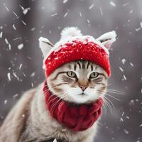 süß Katze mit rot Hut auf schneebedeckt Hintergrund foto