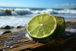 zitrisch Freude, ein beschwingt Limette Scheibe auf ein direkt am Strand hölzern Tabelle ai generiert foto