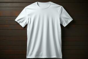Weiß T-Shirt Attrappe, Lehrmodell, Simulation, zurück Sicht, Design zum Kleidung ai generiert foto