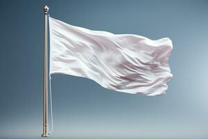 Weiß Flagge winken im das Wind auf Fahnenstange, isoliert auf grau Hintergrund, Nahansicht ai generiert foto