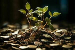 Geld Sprossen mögen ein Baum im der Natur Boden, betankt durch Geschäft Erfolg ai generiert foto