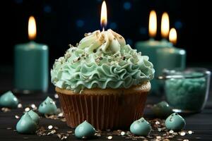 Cupcake geschmückt mit Blau Kerze, Gelb Creme, und ein Liebe gefüllt rot Herz ai generiert foto