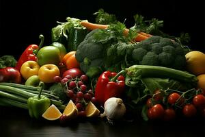 ein gesund Essen Konzept präsentiert durch frisch Gemüse und Früchte beim Arbeit ai generiert foto