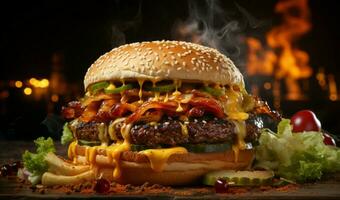 Restaurant Favorit, lecker Burger gegrillt zu Perfektion, Flammen akzentuieren ai generiert foto