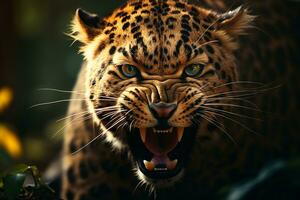 majestätisch Raubtier, ein Nahansicht Porträt von ein wütend Leopard im Wildnis ai generiert foto